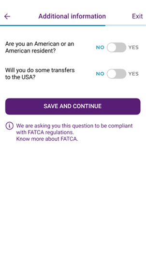 Additional information screen asking FATCA compliance questions