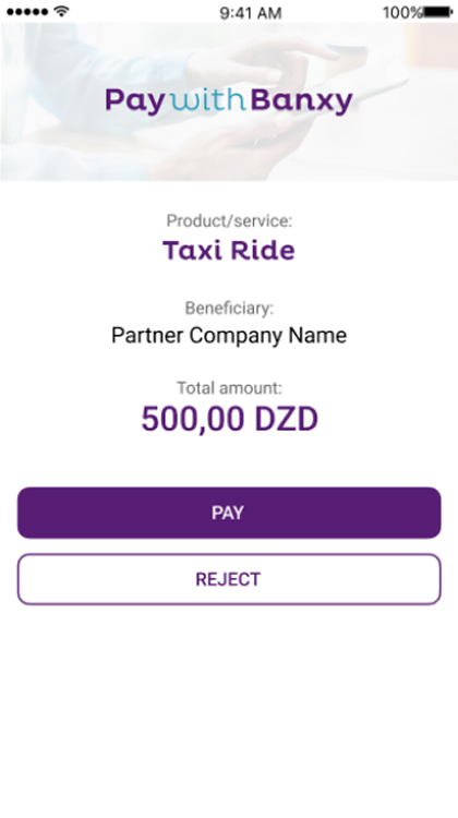 Payment request screen for a taxi ride with Pay and Reject buttons