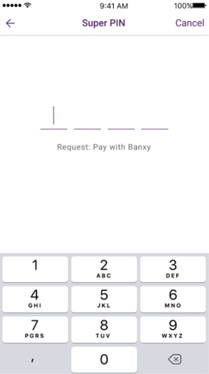 Super PIN entry screen confirming a Pay with Banxy request