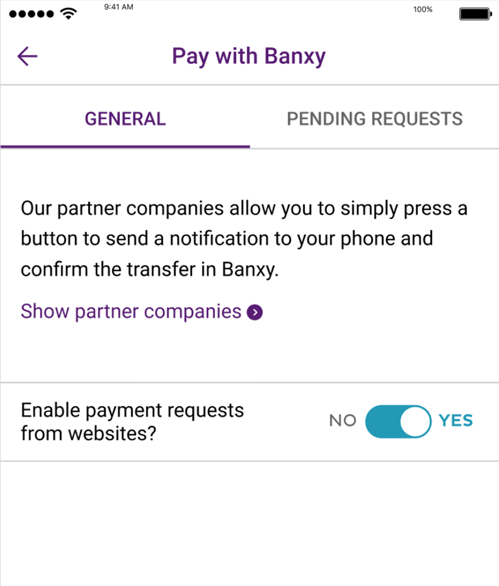 Pay with Banxy settings screen with a toggle to enable payment requests from websites