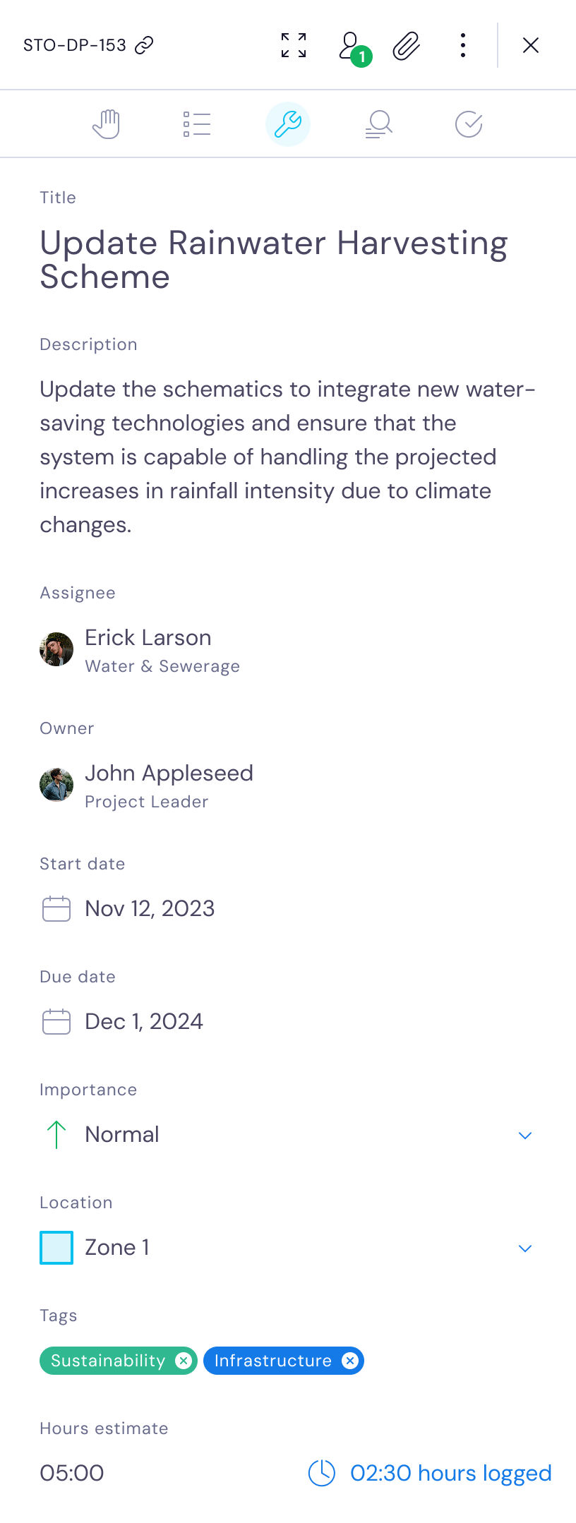 Task detail card showing an assignee, owner, and tags